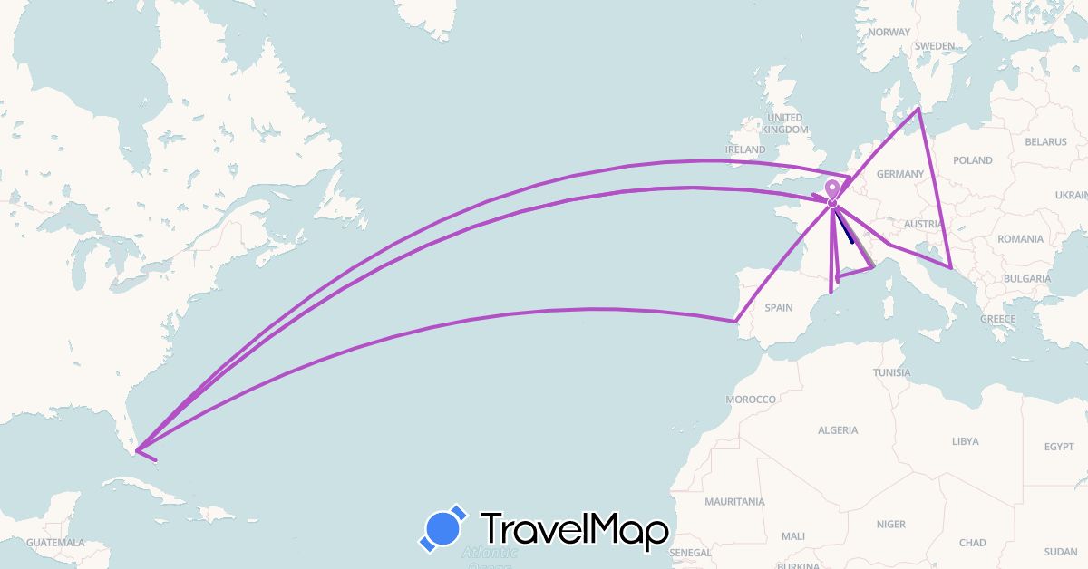 TravelMap itinerary: driving, plane, train in Belgium, Bahamas, Denmark, Spain, France, Croatia, Italy, Portugal, United States (Europe, North America)